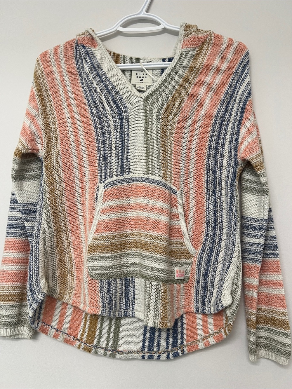 Billabong Coral, Blue & Tan Striped V-Neck Knit Hoodie
